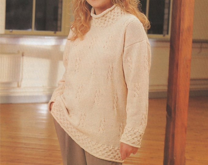 Womens Aran Tunic Sweater Knitting Pattern PDF Ladies 38, 40, 42, 44, 46, 50 and 52 inch bust, Plus Sizes, Long Patterned Jumper, Download