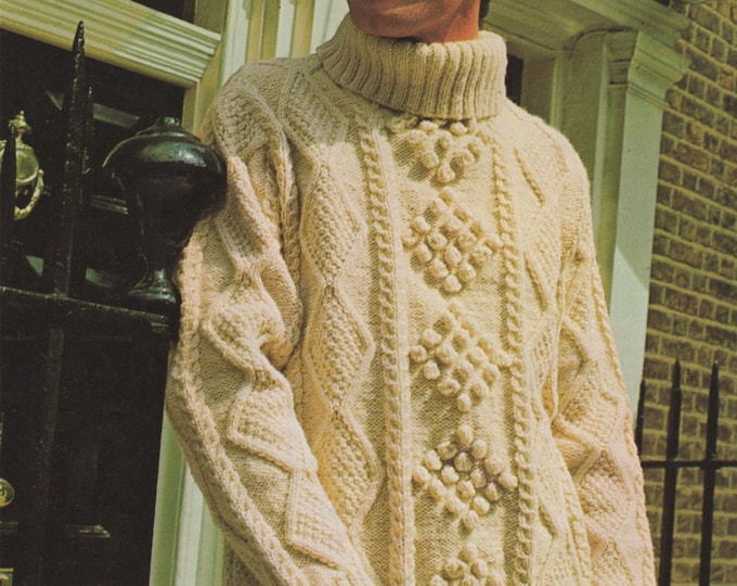 Aran Sweater Knitting Pattern PDF Mens 40, 42 and 44 inch chest, Polo Neck, Cable Patterned, Vintage Knitting Patterns for Men, e-patterns