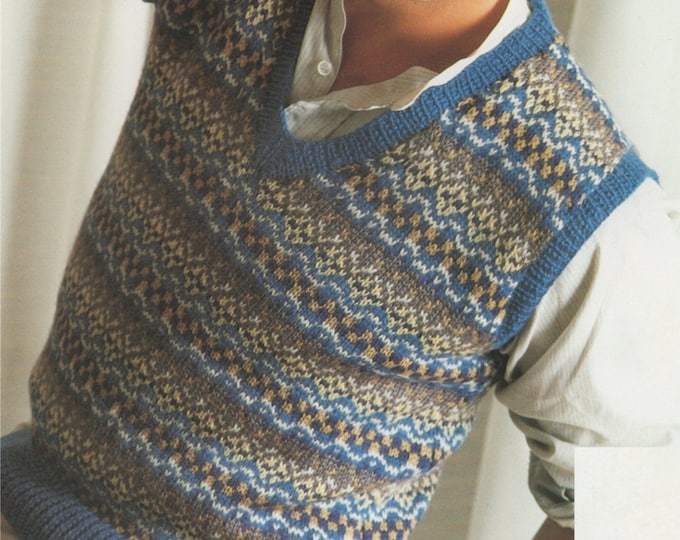 Mens or Womens Fair Isle Pullover Knitting Pattern PDF 36, 38, 40 and 42 inch chest, Fair Isle Slipover, Unisex, Digital Download