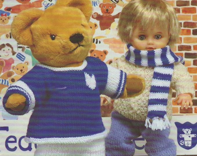 Teddy Bear Football Kit and Dolls Clothes Knitting Pattern PDF, Ted 15, 17 and 19 inch high, Doll 12 - 14, 15 - 18 and 19 - 22 inch high