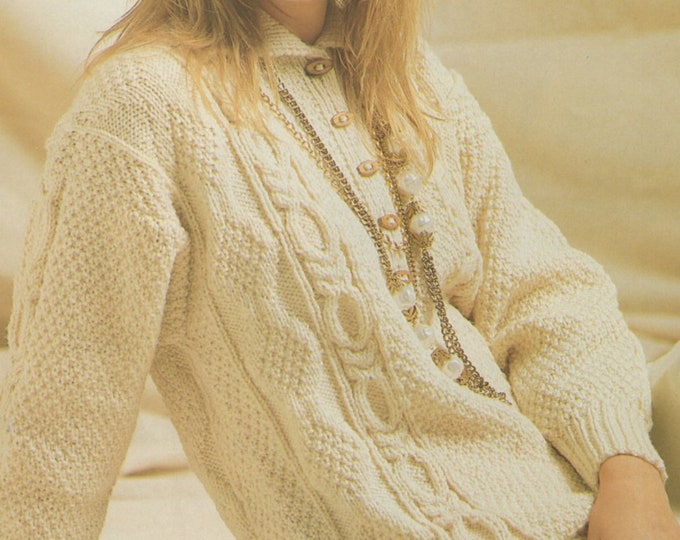 Womens Aran Tunic Sweater Knitting Pattern PDF Ladies 30, 32, 34, 36, 38 and 40 inch chest, Long Jumper, Vintage Knitting Patterns for Women