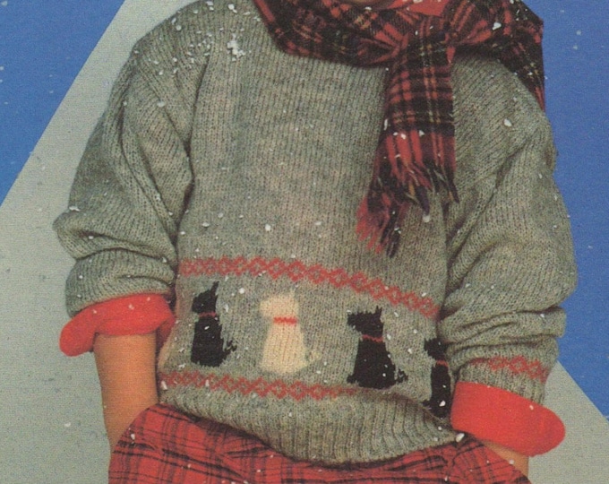 Childrens Sweater Knitting Pattern PDF Boys or Girls 24 - 26 inch chest, Scotty Dog Fair Isle Jumper, Vintage Knitting Patterns for Children