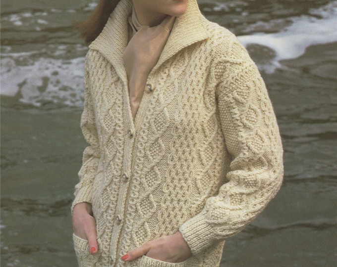 Womens Aran Jacket Knitting Pattern PDF Ladies 32, 34, 36, 38 and 40 inch bust, Long Aran Cardigan, Vintage Aran Knitting Patterns for Women