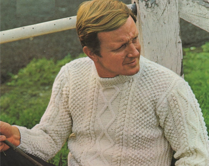 Mens Aran Sweater Knitting Pattern PDF Mans 40, 42 and 44 inch chest, Cable Jumper, Vintage Knitting Patterns for Men, epatterns Download