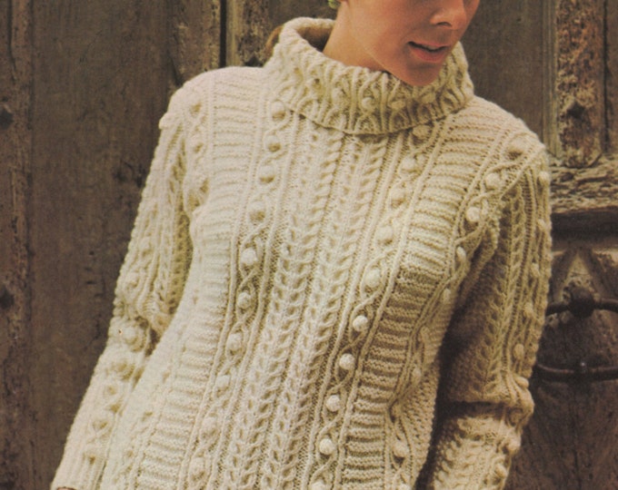 Womens Aran Sweater Knitting Pattern PDF Ladies 34 - 36, 37 - 39 and 40 - 42 inch chest, Bainin Yarn, Vintage Knitting Patterns for Women