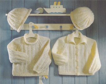 Babies Cardigan, Sweater and Hat Knitting Pattern PDF Toddlers and Baby Boys or Girls 16, 18, 20, 22, 24 and 26 inch chest, pdf Download