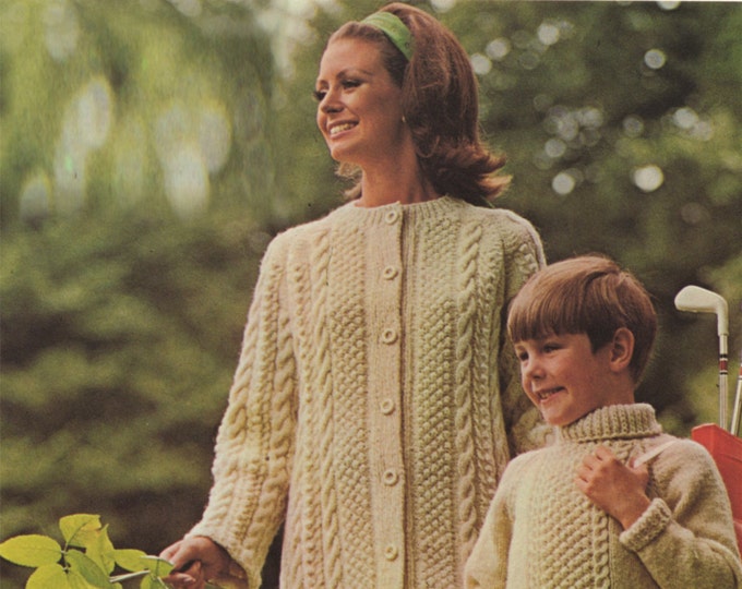 Womens Aran Coat and Boys or Girls Aran Sweater Knitting Pattern PDF Ladies 34 - 36 - 38  inch bust, Childrens 24 - 31 inch chest, Download