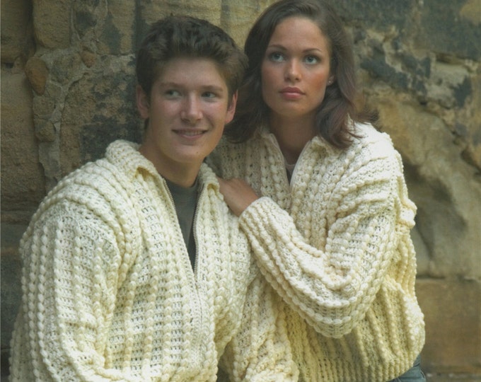 Aran Zip Cardigan Crochet Pattern PDF Womens and Mens 32 - 34, 36 - 38, 40 - 42, 42 - 44 inch chest , Jacket, Vintage Aran Crochet Patterns