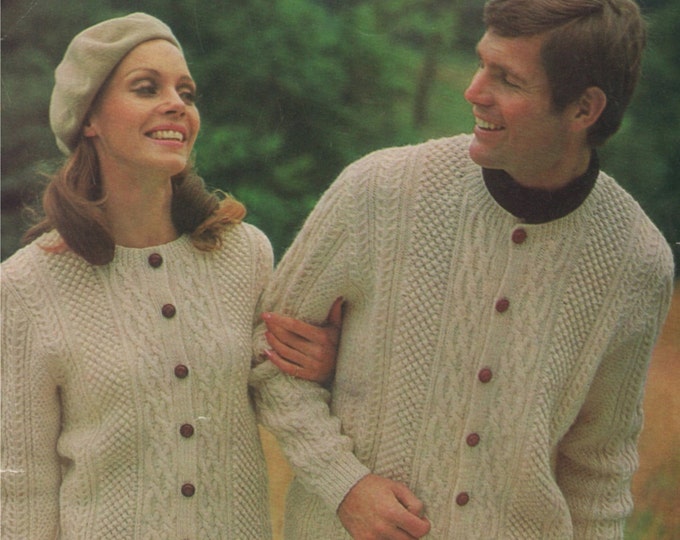 Cardigan Knitting Pattern PDF Aran Style, Womens and Mens 36, 38, 40, 42, 44 and 46 inch chest, DK Yarn, Vintage Knitting Patterns, Download