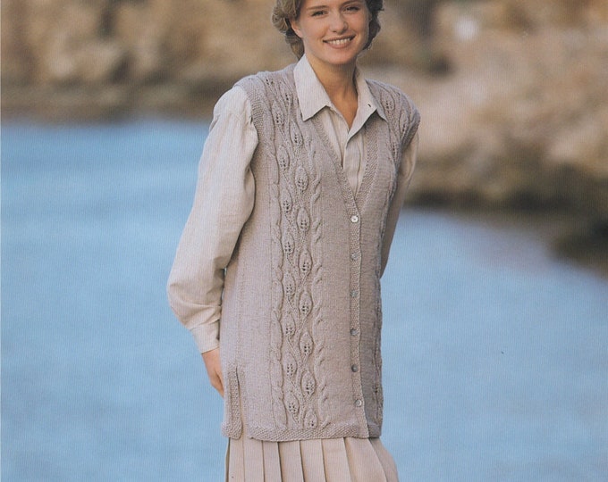 Womens Long Gilet Waistcoat Knitting Pattern PDF Ladies 30 - 32, 34 - 36, 38 - 40 and 42 - 44 inch bust, Leaf Pattern Design, Download