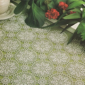 May include: A white crocheted doily with a delicate floral pattern. The doily is laid out on a green surface.