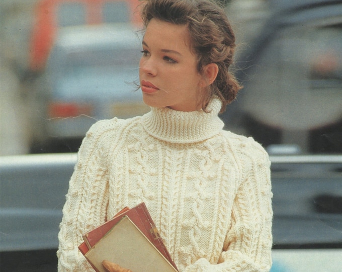 Womens Aran Sweater Knitting Pattern PDF Ladies 34, 36, 38, 40, 42 and 44 inch chest . Polo Neck Jumper, Vintage Knitting Patterns for Women