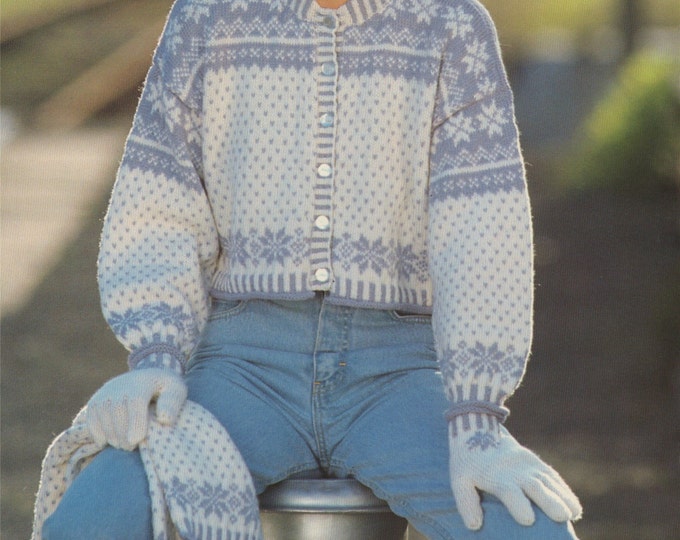 Womens Fair Isle Snowflake Cardigan, Scarf and Gloves Knitting Pattern PDF Ladies 30, 32, 34, 36, 38 and 40 inch chest, Christmas Cardigan