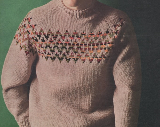 Mens Fair Isle Raglan Sweater Knitting Pattern PDF 38, 40 and 42 inch chest, Fair Isle Jumper, Vintage Knitting Patterns for Men, Download