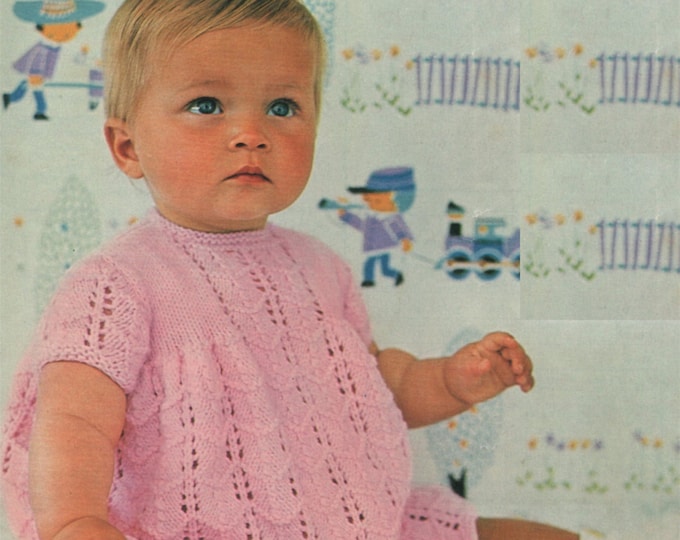 Baby Girls Dress PDF Knitting Pattern : Babies 20 and 22 inch chest . Toddlers . DK . 4 Ply . 3 Ply . e-pattern Download