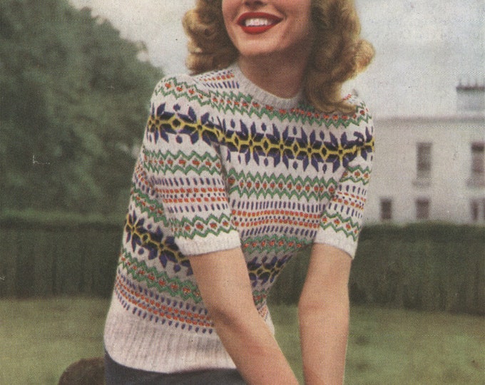 Womens Fair Isle Sweater Knitting Pattern PDF 1940's Style, Ladies 34 inch bust, Fair Isle Jumper with Short Sleeves, Vintage Patterns PDF