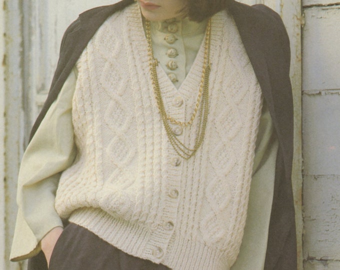 Womens Aran Waistcoat Knitting Pattern PDF Ladies 30, 32, 34, 36, 38, 40, 42, 44 inch chest Unisex, Vintage Aran Knitting Patterns for Women