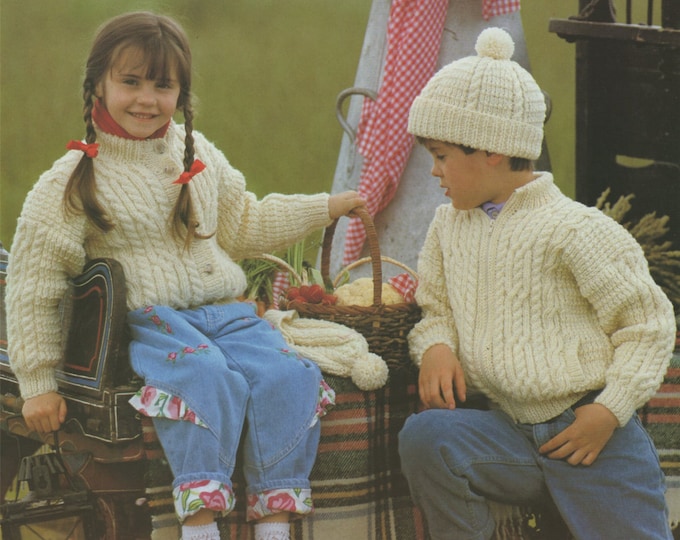 Childrens Aran Jacket, Cardigan and Bobble Hat Knitting Pattern PDF Boys or Girls 24, 26, 28, 30, 32 and 34 inch chest, Vintage,  Download
