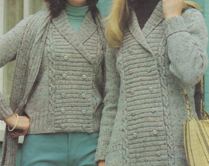 Womens Jacket, Hat and Scarf Knitting Pattern PDF Ladies 32, 34, 36, 38 & 40 inch chest, Long or Short, Double Breasted, Patterned Cardigan