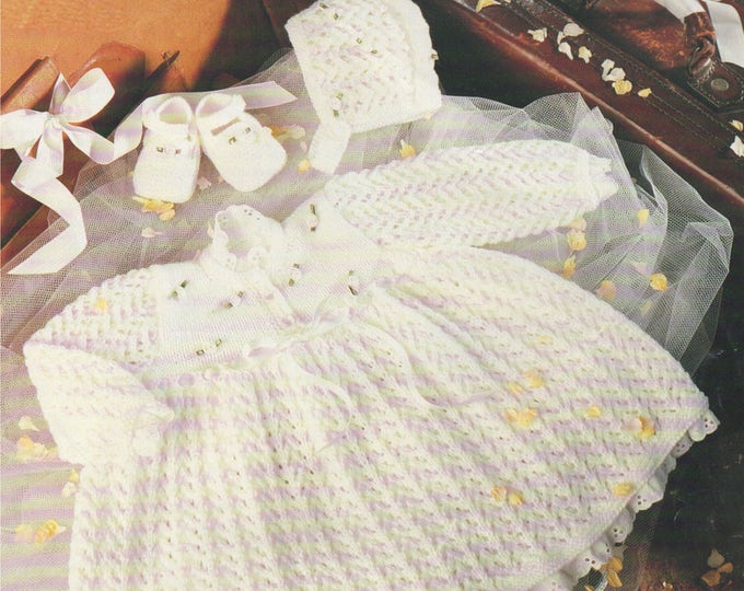 Baby Girls Dress, Bonnet and Shoes Knitting Pattern PDF Babies 16, 18, 20 and 22 inch chest, Vintage Knitting Patterns for Babies, Download