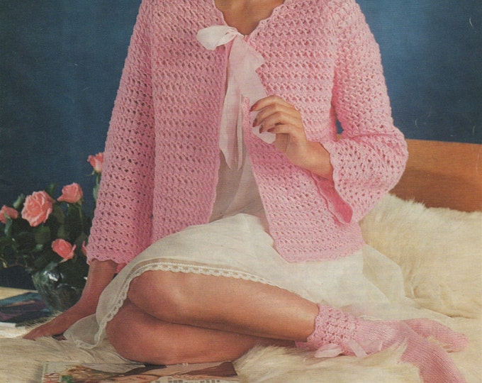 Womens Bedjacket and Socks Knitting Pattern PDF with crocheted edge borders, Ladies 34 - 36, 38 - 40 and 42 - 44 inch chest, Bed Jacket