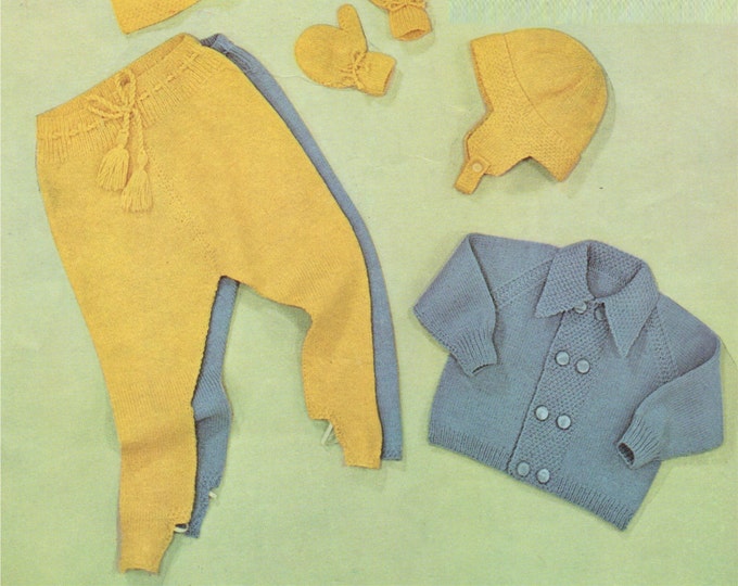 Baby Knitting Pattern PDF : Babies 12 - 18 months . Boys or Girls Pram Set Matinee Coat, Cardigan, Leggings, Bonnet and Mittens . e-pattern