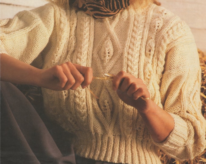 Womens Aran Sweater Knitting Pattern PDF Ladies 32, 34, 36, 38 and 40 inch chest, Jumper, Vintage Knitting Patterns for Women, e-patterns