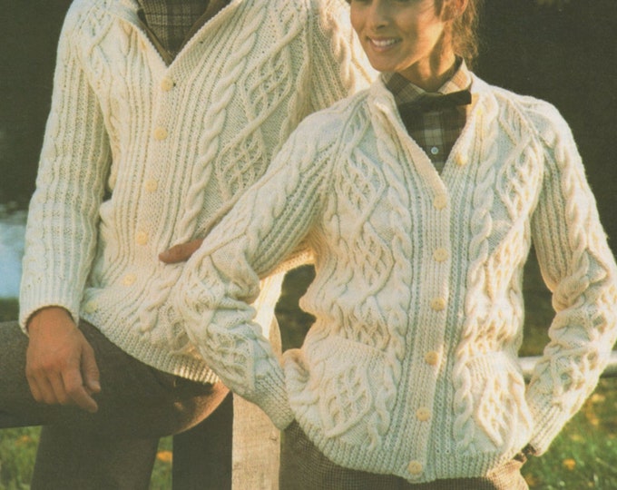 Round Neck Aran Cardigan Knitting Pattern PDF Mens and Ladies 32, 34, 36, 38, 40 and 42 inch chest, Cable, Vintage Aran Knitting Patterns