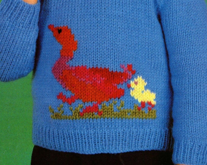 Toddlers Duck with Chick Motif Sweater Knitting Pattern PDF Boys or Girls 18, 20, 22 and 24 inch chest, Jumper with Button Shoulders