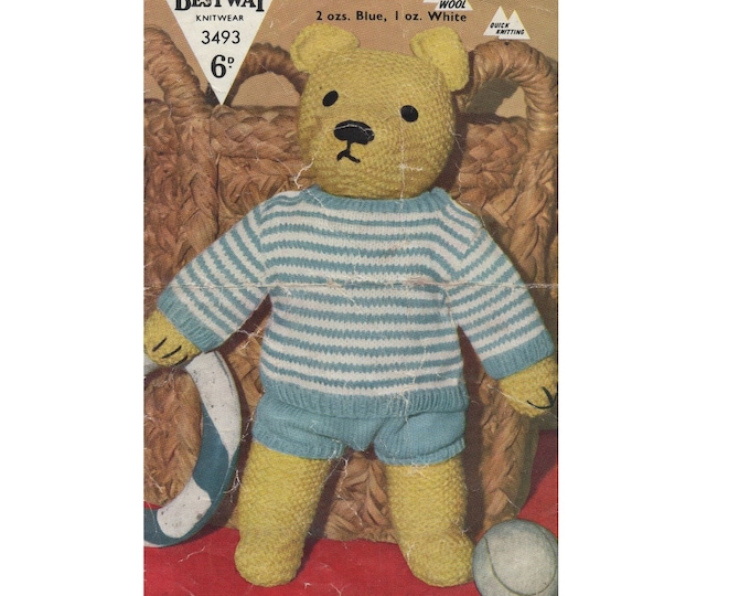 Toy Teddy Bear and Clothes Knitting Pattern PDF 17 inch Bear, Teddy Bears Sweater and Shorts Outfit, Vintage Toy Knitting Patterns, Download