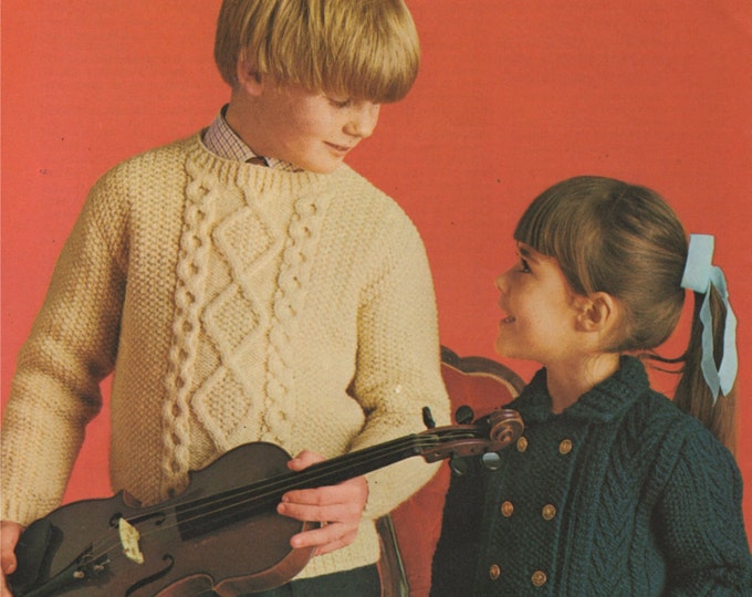 Childrens Aran Sweater 25 - 30 inch chest & Girls Aran Coat 24 - 28 inch chest Knitting Pattern PDF Bainin Yarn, Vintage, epattern Download