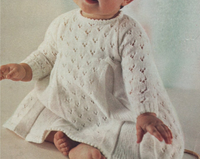 Baby Girls Dress Knitting Pattern PDF Babies 19, 20 and 21 inch chest, Patterned Short or Long Christening, 3 ply yarn, Digital Download