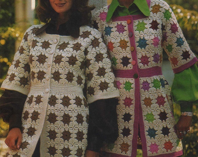 Womens Coat Crochet Pattern PDF Ladies 36 inch bust, Long Jacket, Granny Squares, Summer Coat, Vintage Crochet Patterns for Women, Download