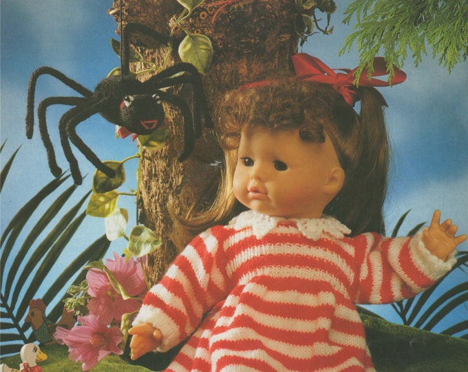 Dolls Clothes Knitting Pattern PDF for 16, 20 and 24 inch Doll, Dress and Toy Spider, Walker Dolls, American Girl, Halloween, Miss Muffet