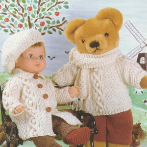 Dolls and Teddy Bears Clothes Knitting Pattern PDF for 12 - 14, 15 - 18, 19 - 22 inch high Doll or Teddy Bear, Aran Style, DK Yarn, Download