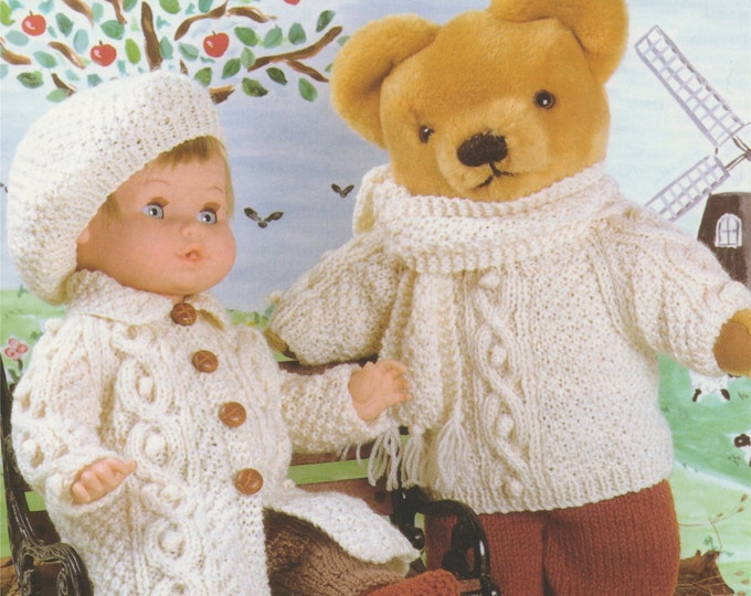 Dolls and Teddy Bears Clothes Knitting Pattern PDF for 12 - 14, 15 - 18, 19 - 22 inch high Doll or Teddy Bear, Aran Style, DK Yarn, Download