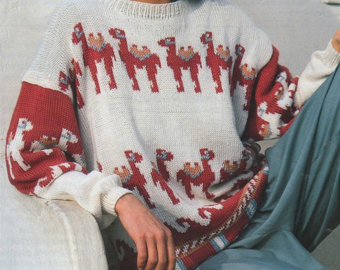 Womens Fair Isle Camel Sweater Knitting Pattern PDF Ladies 36 - 38 inch bust, Camel Motif Jumper, Vintage Knitting Patterns for Women