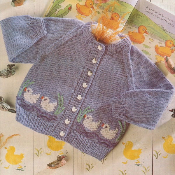 Baby Toddlers Cardigan Knitting Pattern PDF Duck Motif Boys or Girls 20, 22, 24 and 26 inch chest, Vintage Knitting Patterns for Children