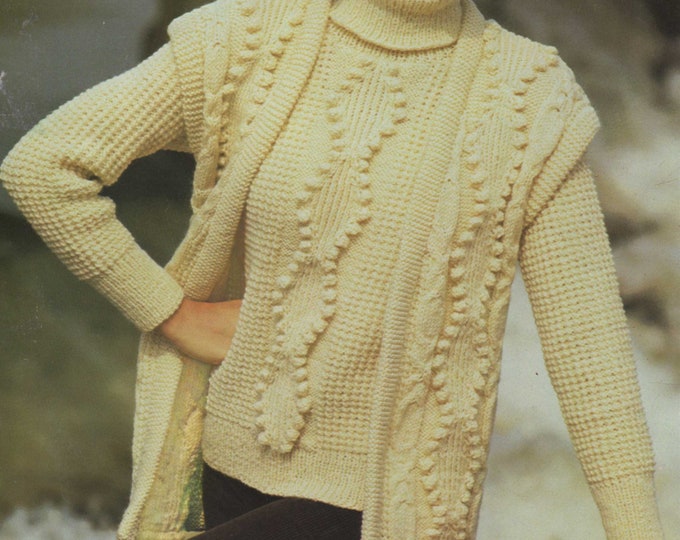 Womens Aran Sweater and Gilet Knitting Pattern PDF Ladies 32, 34, 36, 38, 40 and 42 inch chest, Jumper, Vintage Knitting Patterns for Women