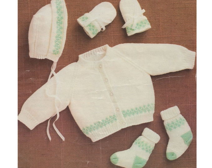 Premature Baby Fairisle Knitting Pattern PDF : Cardigan . Mitts . Bonnet & Socks . 12, 14, 16, 18 inch chest - Boys or Girls . e-pattern