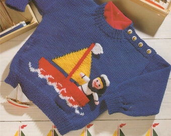 Sweater and Sailor Toy Knitting Pattern PDF Boys or Girls 20, 22, 24 and 26 inch chest, Boat Jumper, Vintage Knitting Patterns for Children