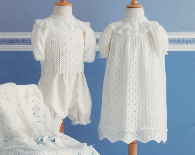 Baby Christening Robe / Dress , Sweater Top and Shawl Knitting Pattern PDF Newborn Babies 0 - 6 months, Boy or Girl, Babys Jumper, Download