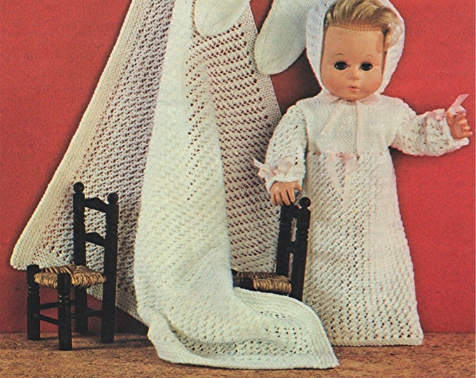 Dolls Clothes Knitting Pattern PDF for 14 inch Doll, Tiny Tears, Dolls Outfit Pattern Nightdress, Bonnet, Sleep Suit, Shawl, Download