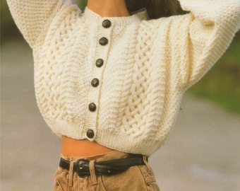 Womens Aran Cardigan Knitting Pattern PDF Ladies 28, 30 - 32, 34 - 36 & 38 - 40 inch bust. Crop or Long, Vintage Knitting Patterns for Women