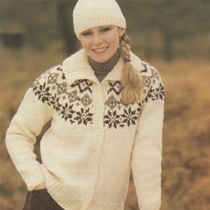 Womens Fair Isle Snowflake Jacket and Hat Knitting Pattern PDF Ladies 32, 34, 36, 38 and 40 inch bust, Fair Isle Yoke Cardigan, Download