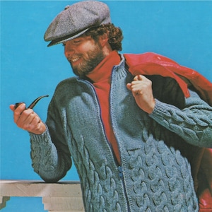 Aran Zip Cardigan Knitting Pattern PDF Mens 40, 42 and 44 inch chest, Lumber Jacket, Vintage Knitting Patterns for Men, e-patterns Download