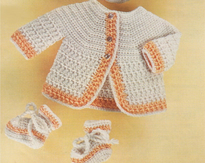 Babys Crochet Pattern Matinee Coat, Bonnet and Bootees PDF : Boys or Girls . Babies 18, 20 and 22 inch chest . Cardigan . e-pattern Download