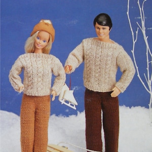 Dolls Clothes Knitting Pattern PDF for 11 - 12 inch Doll, Aran Style Cable Sweater & Trousers, Barbie, Ken, Sindy, Action Man, Fashion Dolls