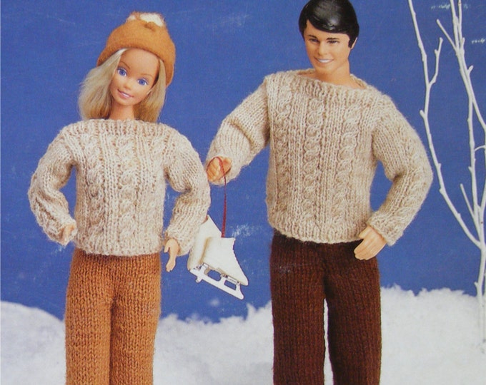 Dolls Clothes Knitting Pattern PDF for 11 - 12 inch Doll, Aran Style Cable Sweater & Trousers, Barbie, Ken, Sindy, Action Man, Fashion Dolls