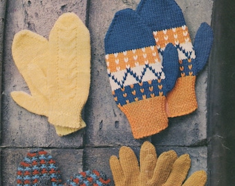 May include: Four pairs of knitted mittens in different colors and patterns. The mittens are made of wool and have a variety of designs, including a geometric pattern, a striped pattern, and a floral pattern.
